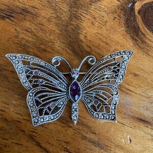 LIA Sophia signed Butterfly Brooch Amethyst-Colored Rhinestones